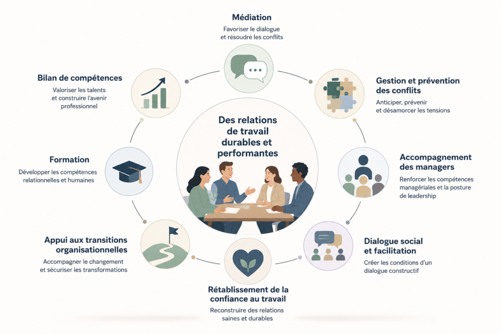 Schéma des prestations de médiation RH : médiation professionnelle, prévention des conflits, dialogue social, accompagnement des managers, rétablissement de la confiance au travail, conduite du changement, formation et bilan de compétences.